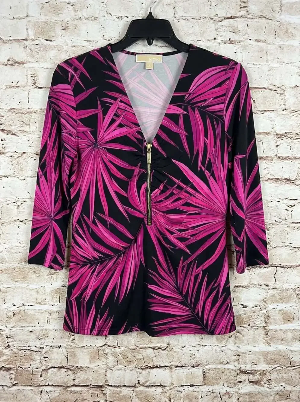 MICHAEL Michael Kors Women's Size L Pink and Black Palm Leaf Print Zip Front Top